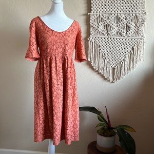 ZARA BASIC Collection Strawberry Coral Lace Empire Line Wide Neck Midi Dress (M)